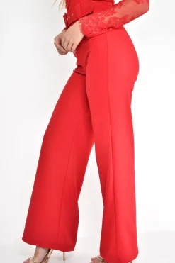 Rebellious Fashion Red Tailored Wide Leg Belted Trousers - Chenelle