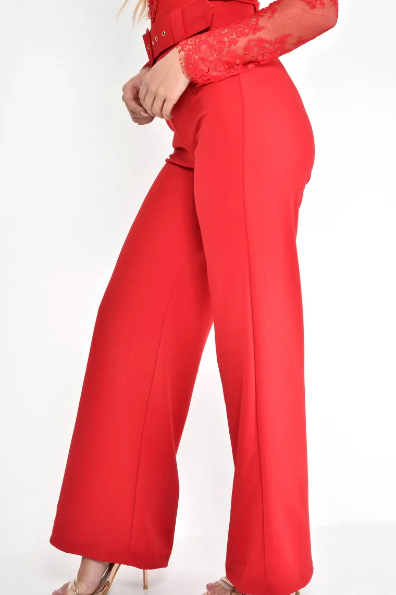 Rebellious Fashion Red Tailored Wide Leg Belted Trousers - Chenelle