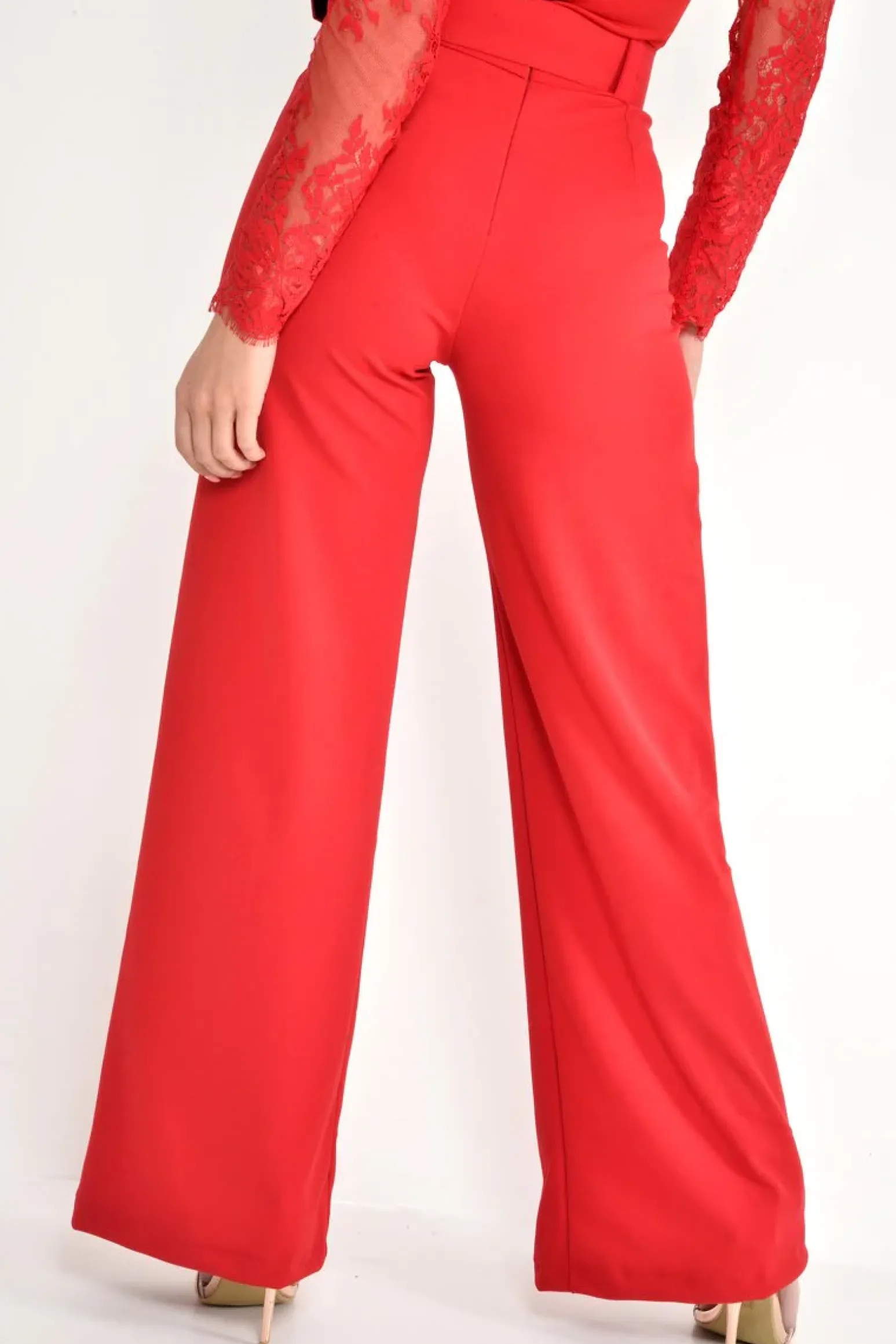 Rebellious Fashion Red Tailored Wide Leg Belted Trousers - Chenelle