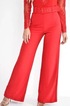 Rebellious Fashion Red Tailored Wide Leg Belted Trousers - Chenelle