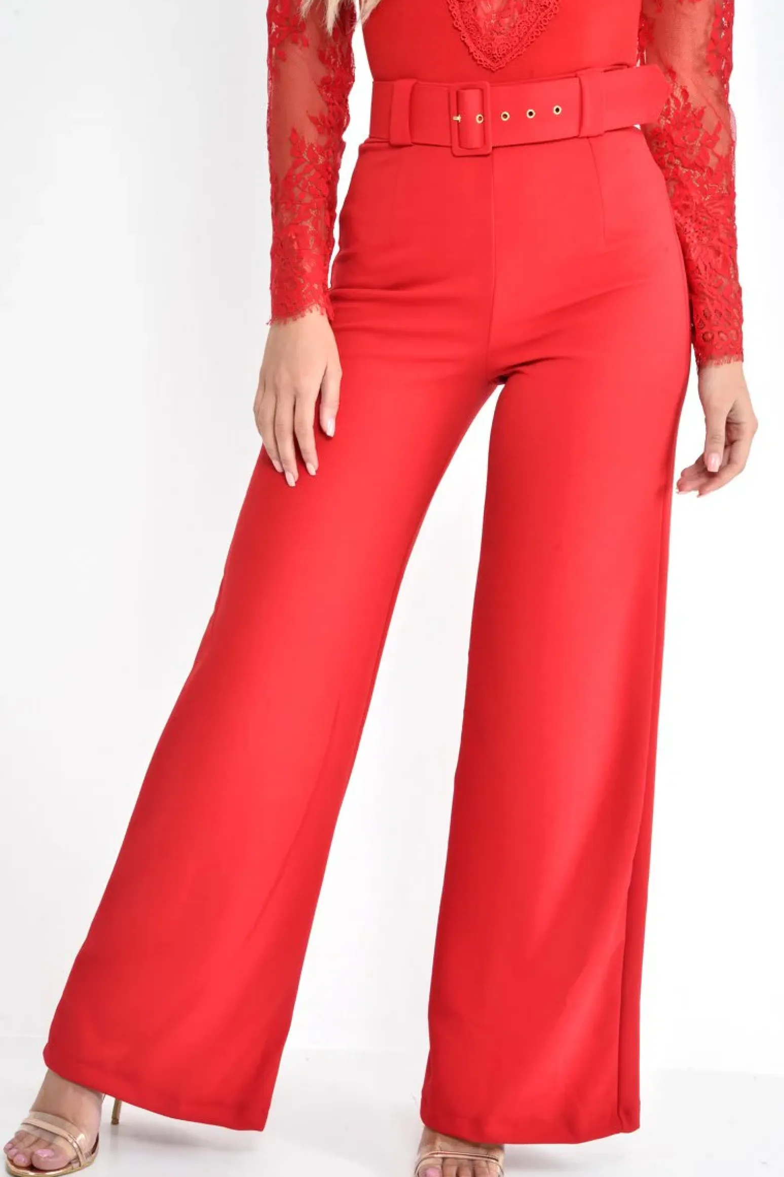 Rebellious Fashion Red Tailored Wide Leg Belted Trousers - Chenelle