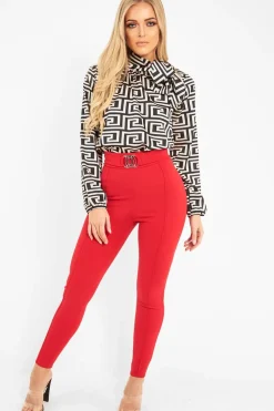 Rebellious Fashion Red Tapered Trousers With Silver Buckle - Zyana