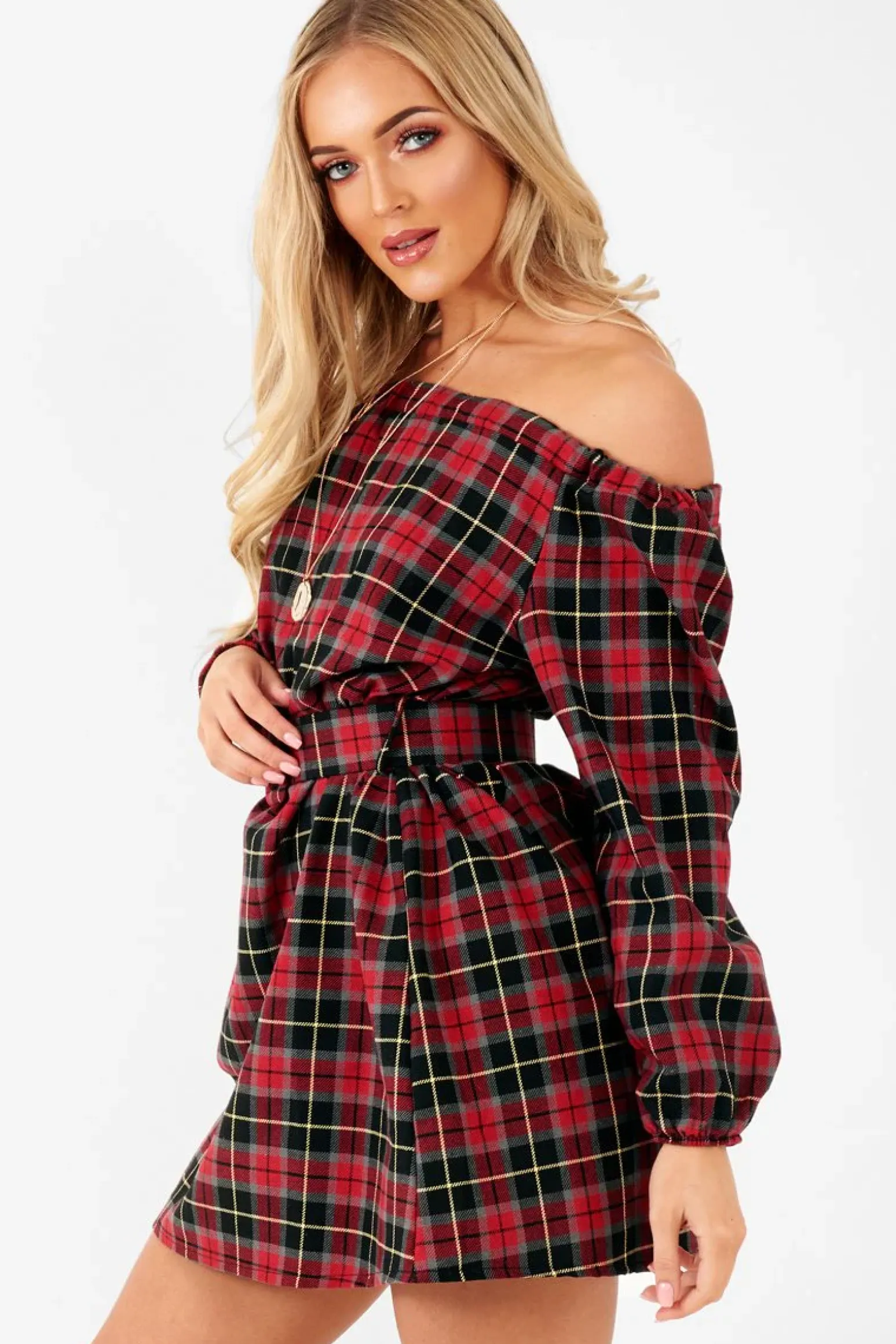 Rebellious Fashion Red Tartan Belted Bardot Dress - Deondra