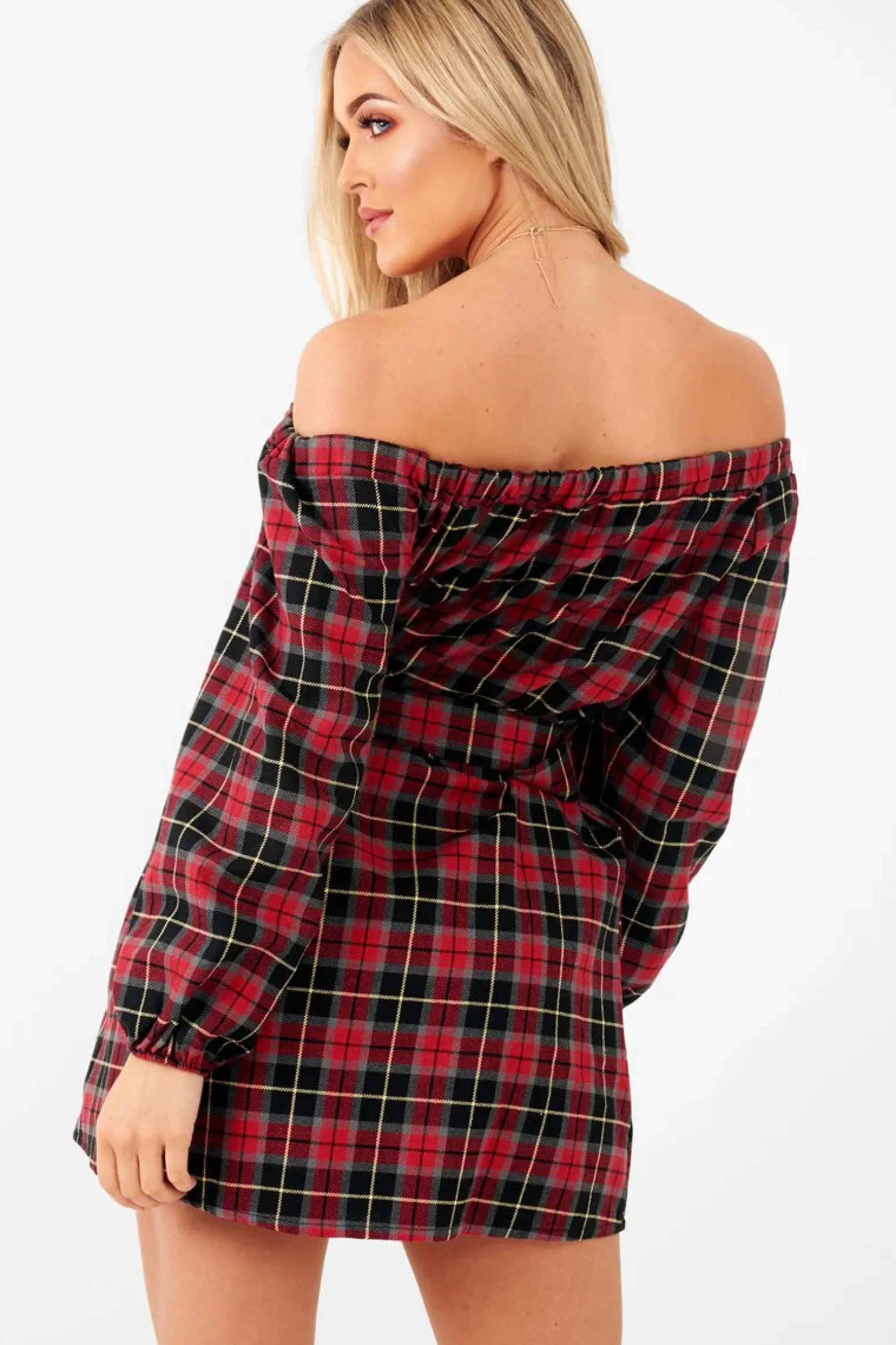 Rebellious Fashion Red Tartan Belted Bardot Dress - Deondra