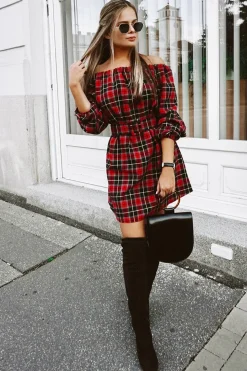 Rebellious Fashion Red Tartan Belted Bardot Dress - Deondra