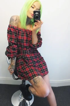 Rebellious Fashion Red Tartan Belted Bardot Dress - Deondra