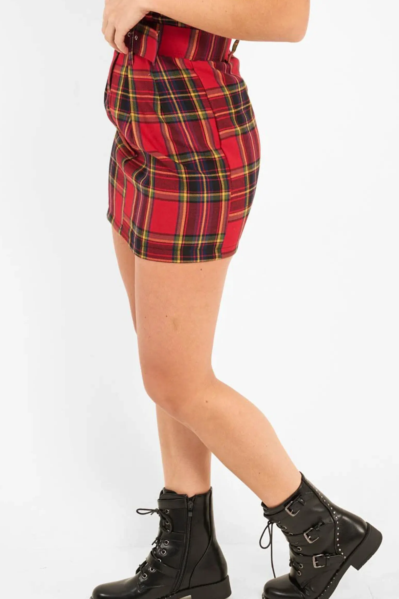 Rebellious Fashion Red Tartan Belted Pleated Mini Skirt - Danyka