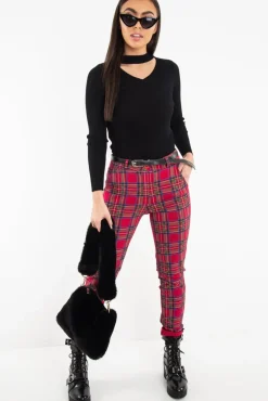 Rebellious Fashion Red Tartan Belted Skinny Fit Trousers - Caitlin