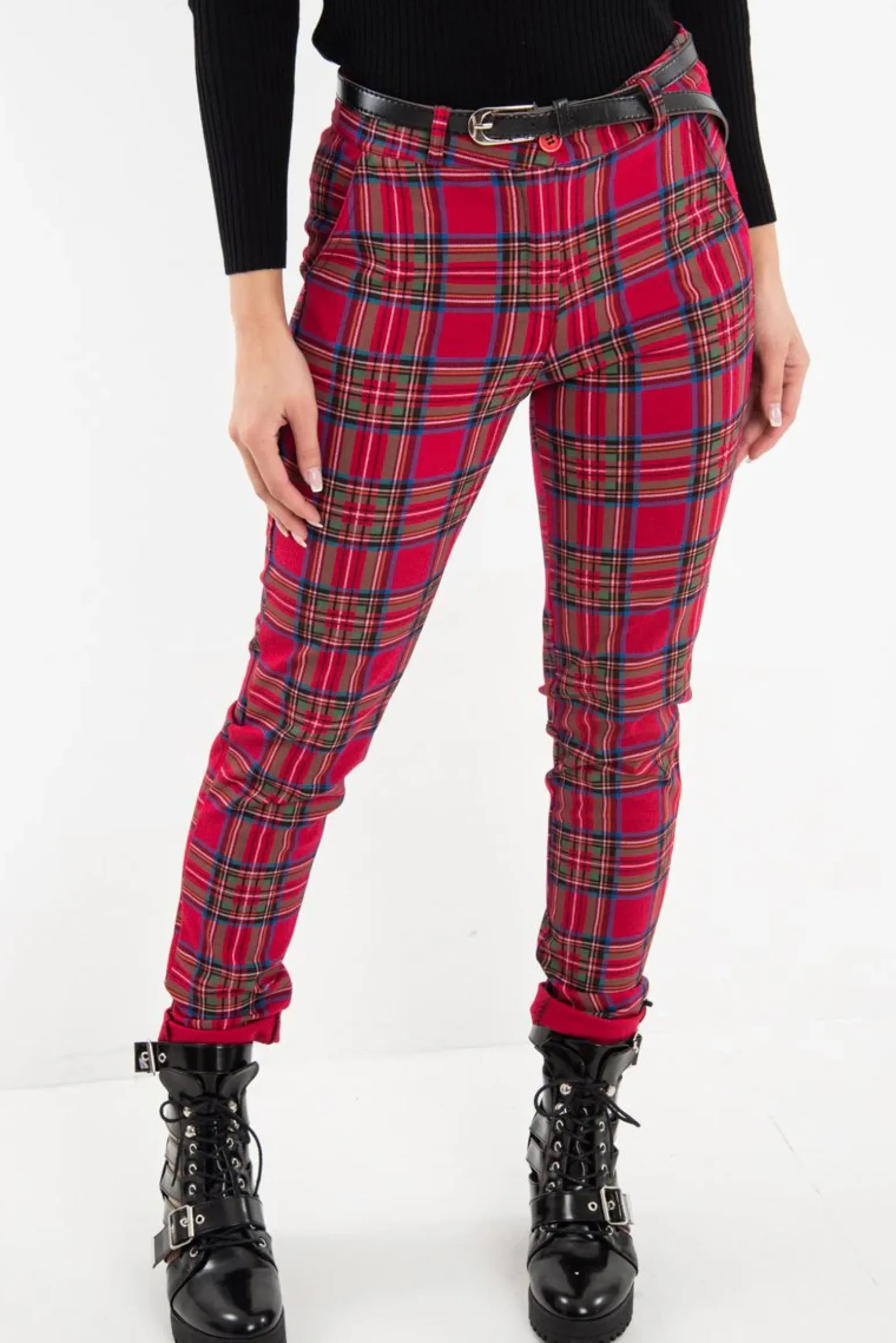 Rebellious Fashion Red Tartan Belted Skinny Fit Trousers - Caitlin