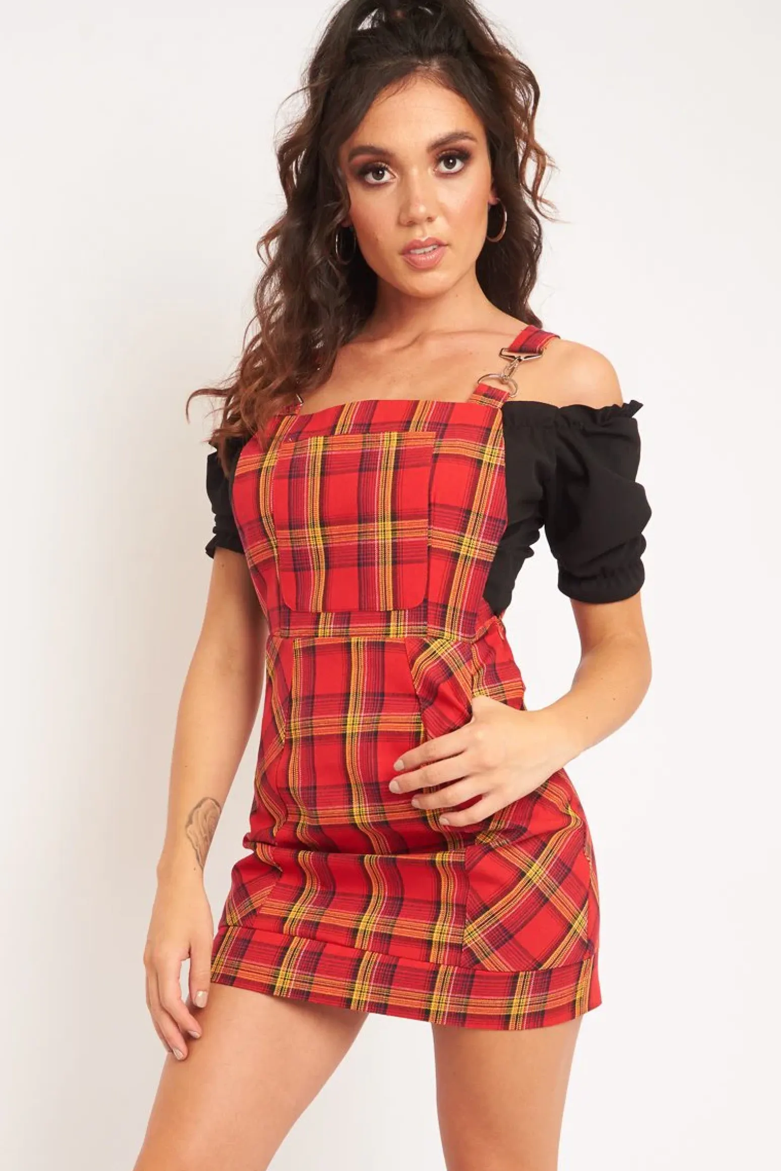 Rebellious Fashion Red Tartan Check Pinafore Mini Dress - Ruby