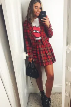 Rebellious Fashion Red Tartan Crop Blazer Pleated Skirt Co-Ord - Holly