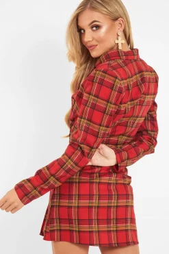 Rebellious Fashion Red Tartan Crop Blazer Pleated Skirt Co-Ord - Holly