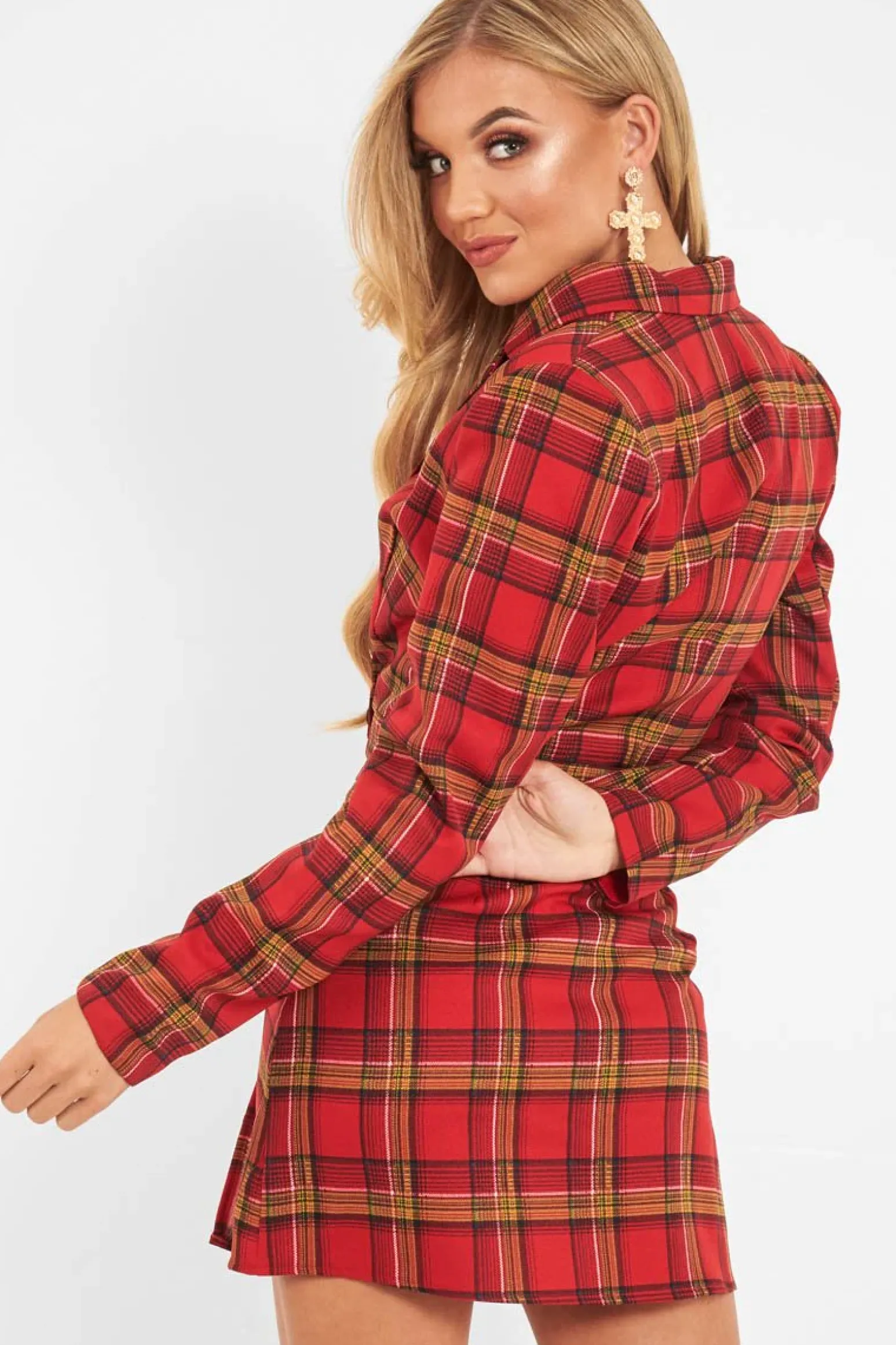 Rebellious Fashion Red Tartan Crop Blazer Pleated Skirt Co-Ord - Holly