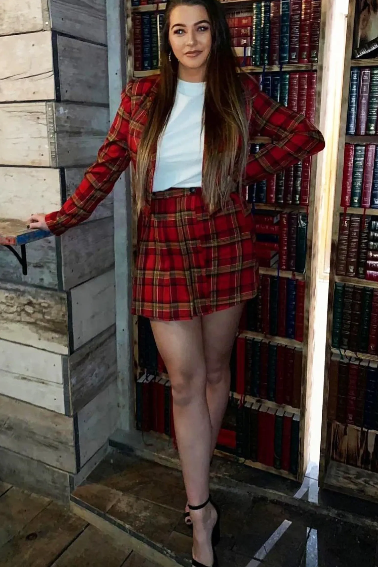 Rebellious Fashion Red Tartan Crop Blazer Pleated Skirt Co-Ord - Holly