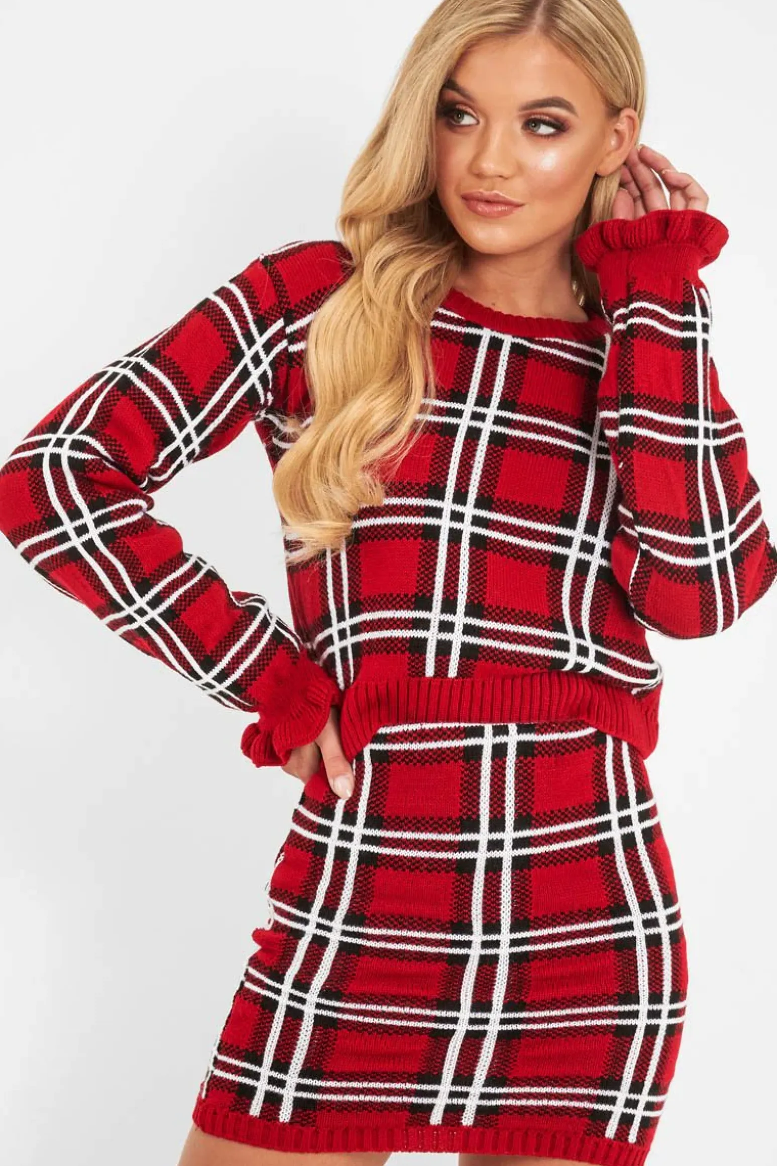 Rebellious Fashion Red Tartan Frill Cuff Knit Jumper - Jarae