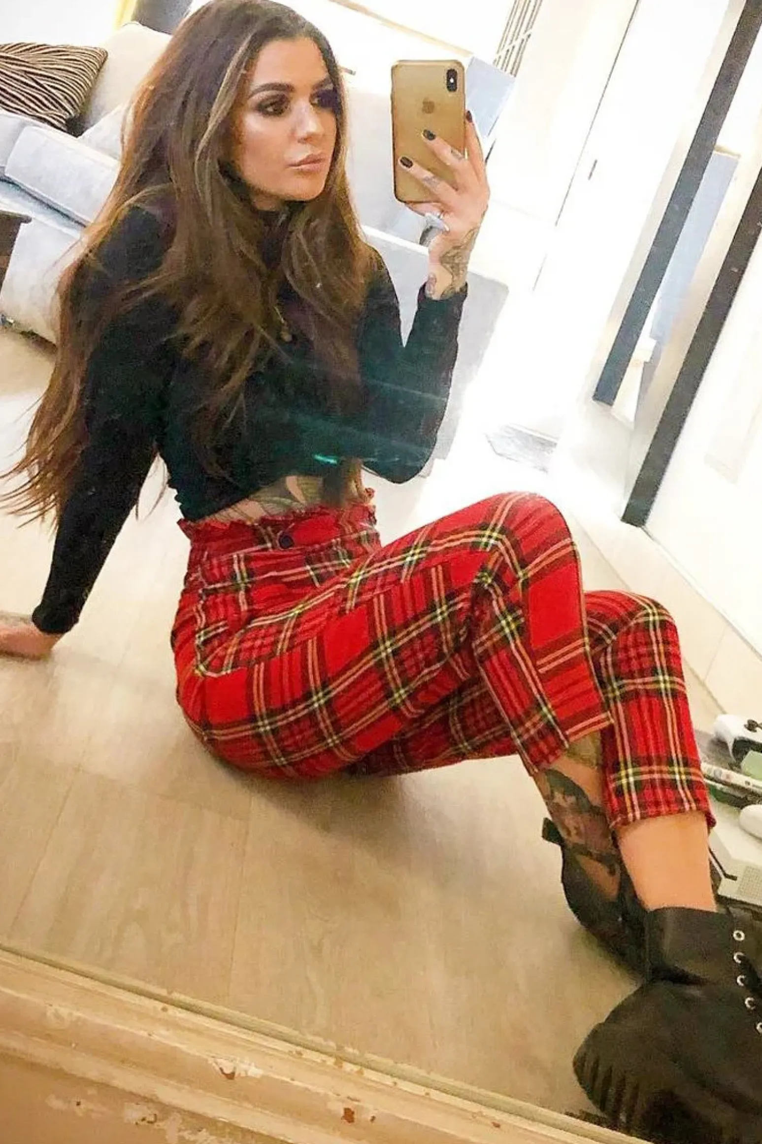 Rebellious Fashion Red Tartan Frill Detail Trousers - Bristal