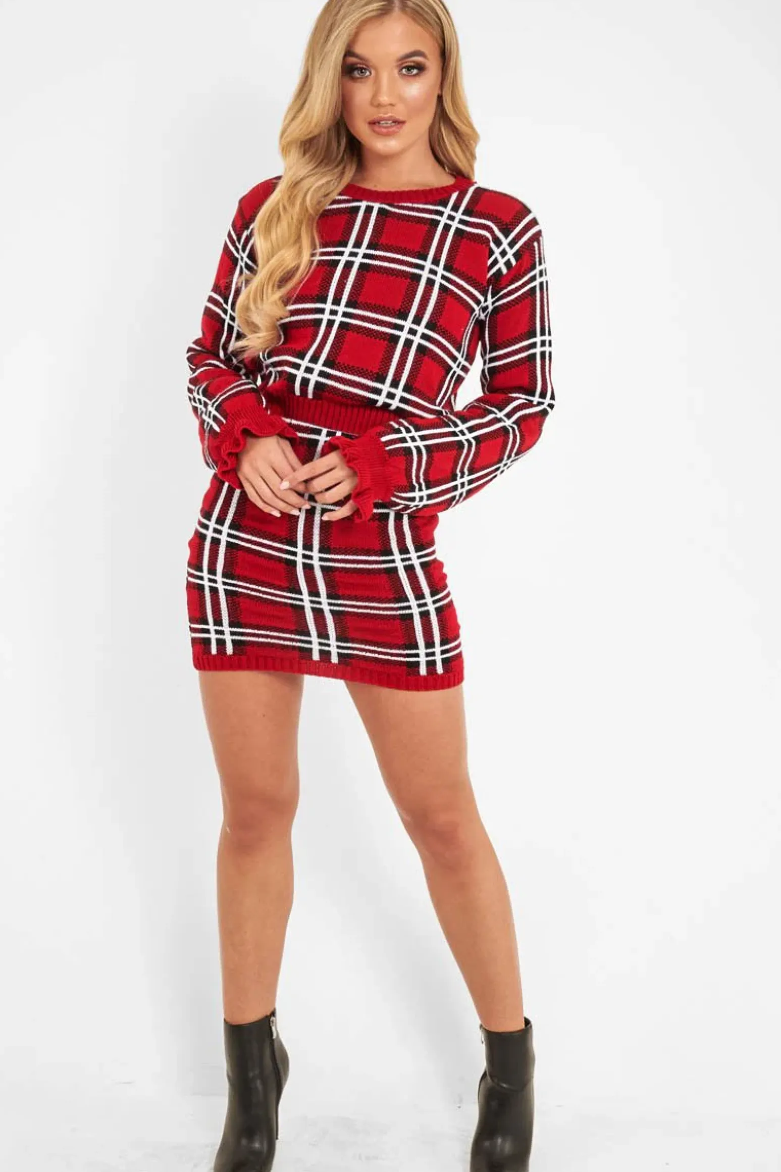 Rebellious Fashion Red Tartan Knit Mini Skirt - Chantelle