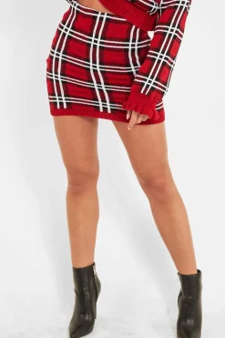 Rebellious Fashion Red Tartan Knit Mini Skirt - Chantelle