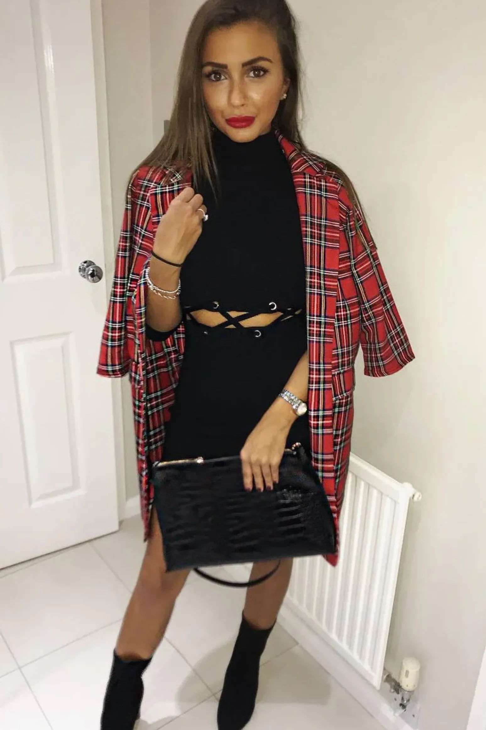 Rebellious Fashion Red Tartan Long Blazer - Kerrie