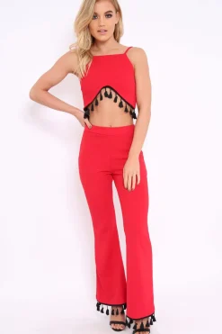 Rebellious Fashion Red Tassel Hem Co-ord Set - Kaylyn