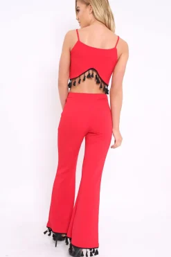 Rebellious Fashion Red Tassel Hem Co-ord Set - Kaylyn