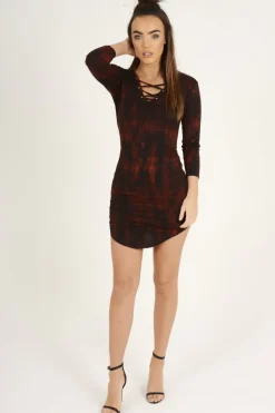 Rebellious Fashion Red Tie Dye Long Sleeve Lace Up Dress - Ismi