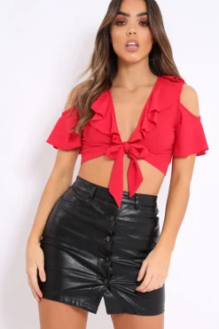 Rebellious Fashion Red Tie Front Cold Shoulder Crop Top - Ellinor