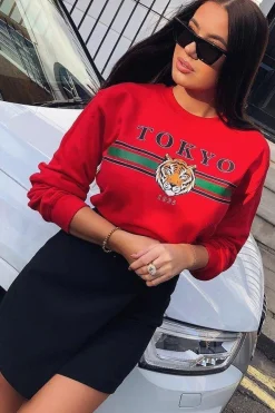 Rebellious Fashion Red Tokyo Slogan Sweatshirt - Lilah