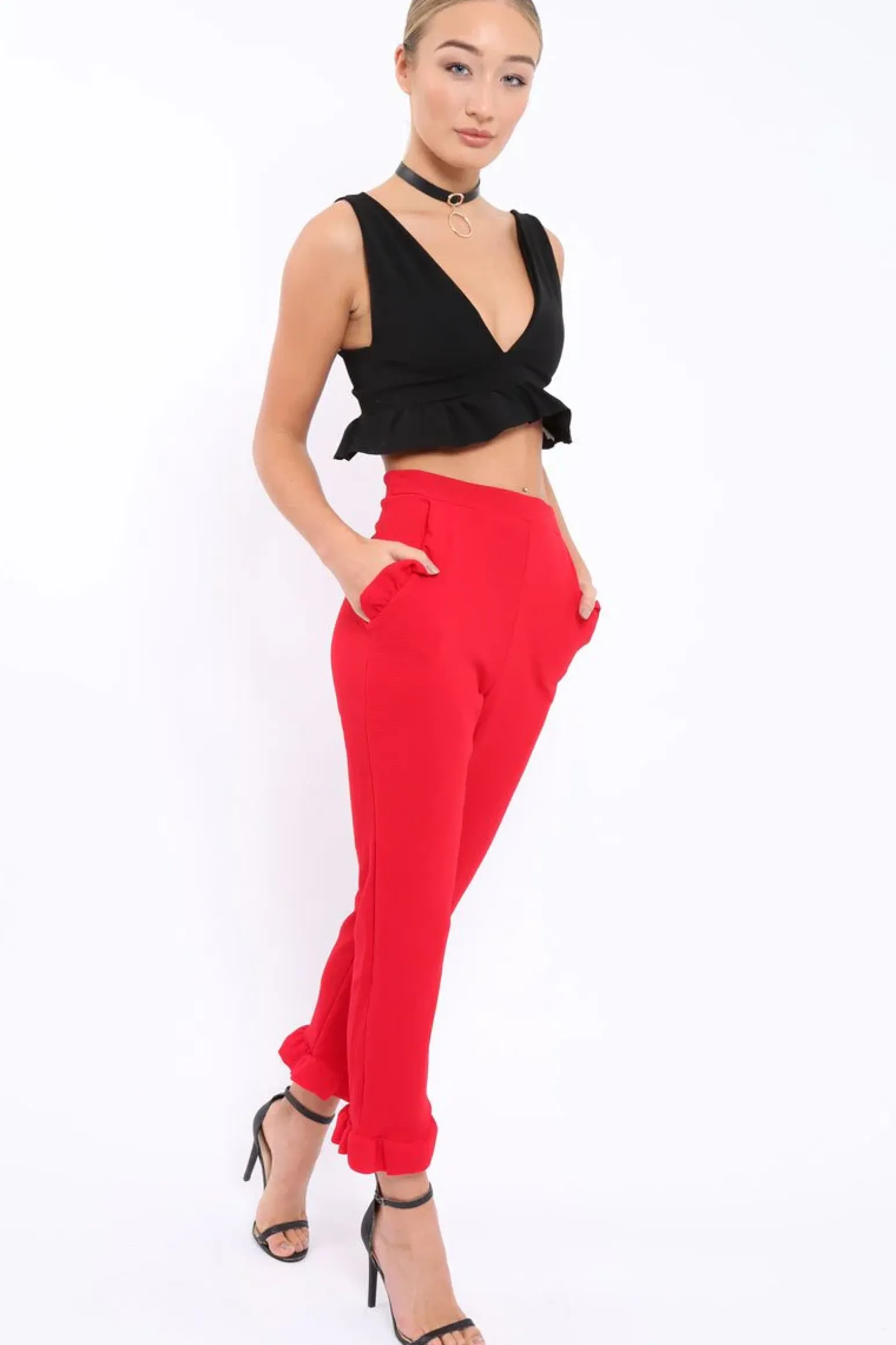Rebellious Fashion Red Trousers with Frill Detailing - Brayley