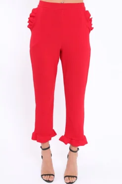 Rebellious Fashion Red Trousers with Frill Detailing - Brayley