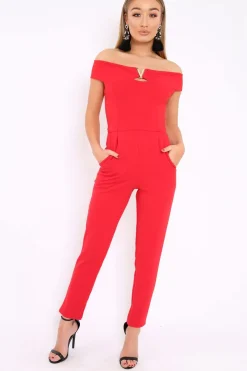 Rebellious Fashion Red V Bardot Jumpsuit - Izzabell