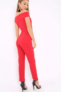 Rebellious Fashion Red V Bardot Jumpsuit - Izzabell