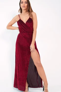 Rebellious Fashion Red Velvet Stripe Wrap Maxi Dress - Tamyah
