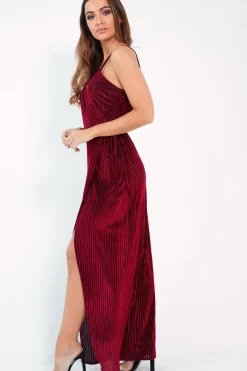 Rebellious Fashion Red Velvet Stripe Wrap Maxi Dress - Tamyah