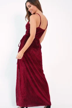 Rebellious Fashion Red Velvet Stripe Wrap Maxi Dress - Tamyah