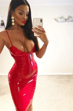 Rebellious Fashion Red Vinyl Plunge Midi Dress - Manuela