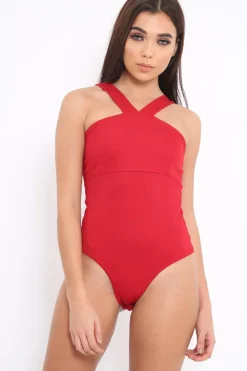 Rebellious Fashion Red V Neck Strap Bandeau Bodysuit - Karlah