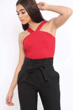 Rebellious Fashion Red V Neck Strap Bandeau Bodysuit - Karlah