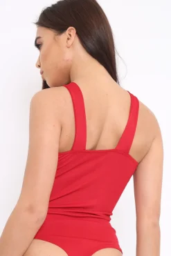 Rebellious Fashion Red V Neck Strap Bandeau Bodysuit - Karlah