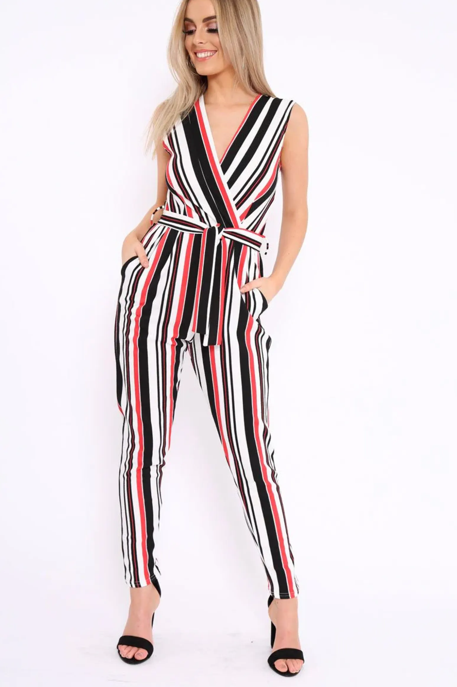 Rebellious Fashion Red White and Black Stripe Plunge Jumpsuit - Koen