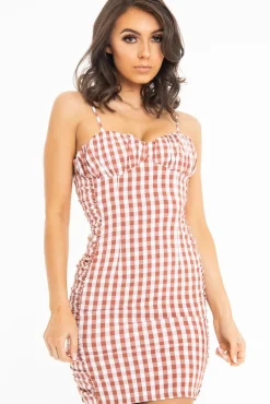 Rebellious Fashion Red White Check Sleeveless Shirred Cup Midi Dress - Suzi