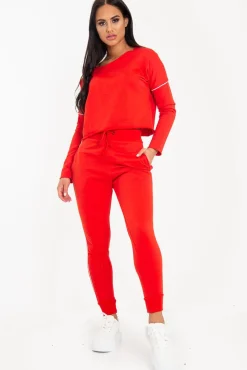 Rebellious Fashion Red White Detail Line Sweatshirt and Jogger Set - Shealee