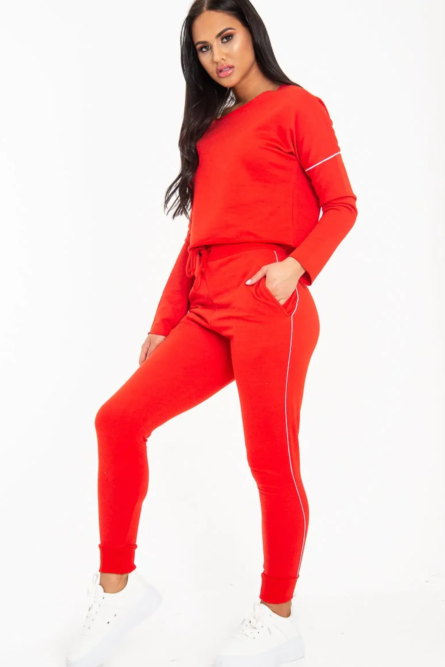 Rebellious Fashion Red White Detail Line Sweatshirt and Jogger Set - Shealee