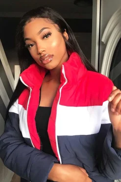 Rebellious Fashion Red White Navy Colour Block Puffer Jacket - Kenzlee