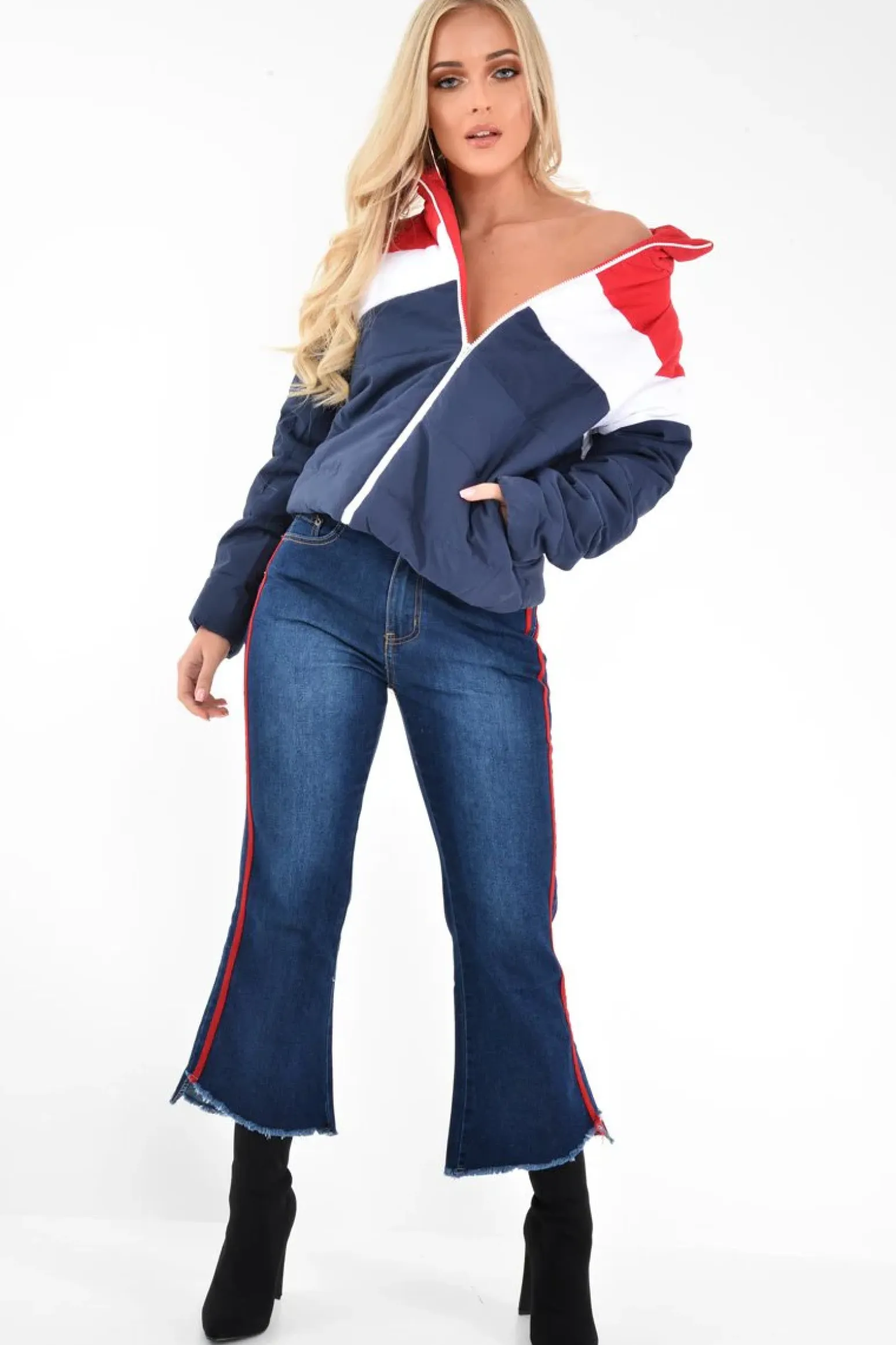 Rebellious Fashion Red White Navy Colour Block Puffer Jacket - Kenzlee