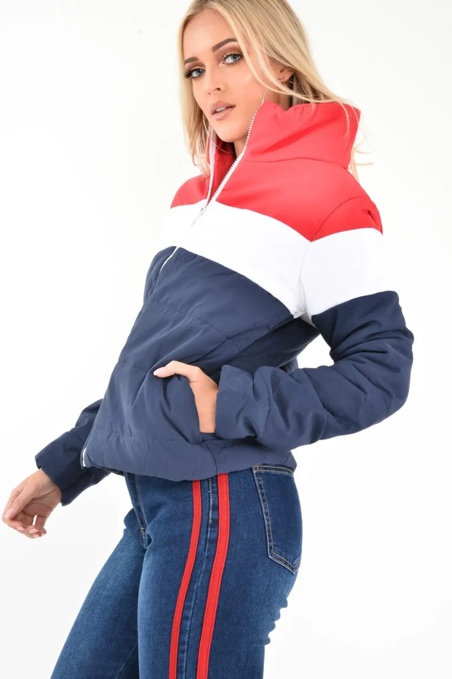 Rebellious Fashion Red White Navy Colour Block Puffer Jacket - Kenzlee