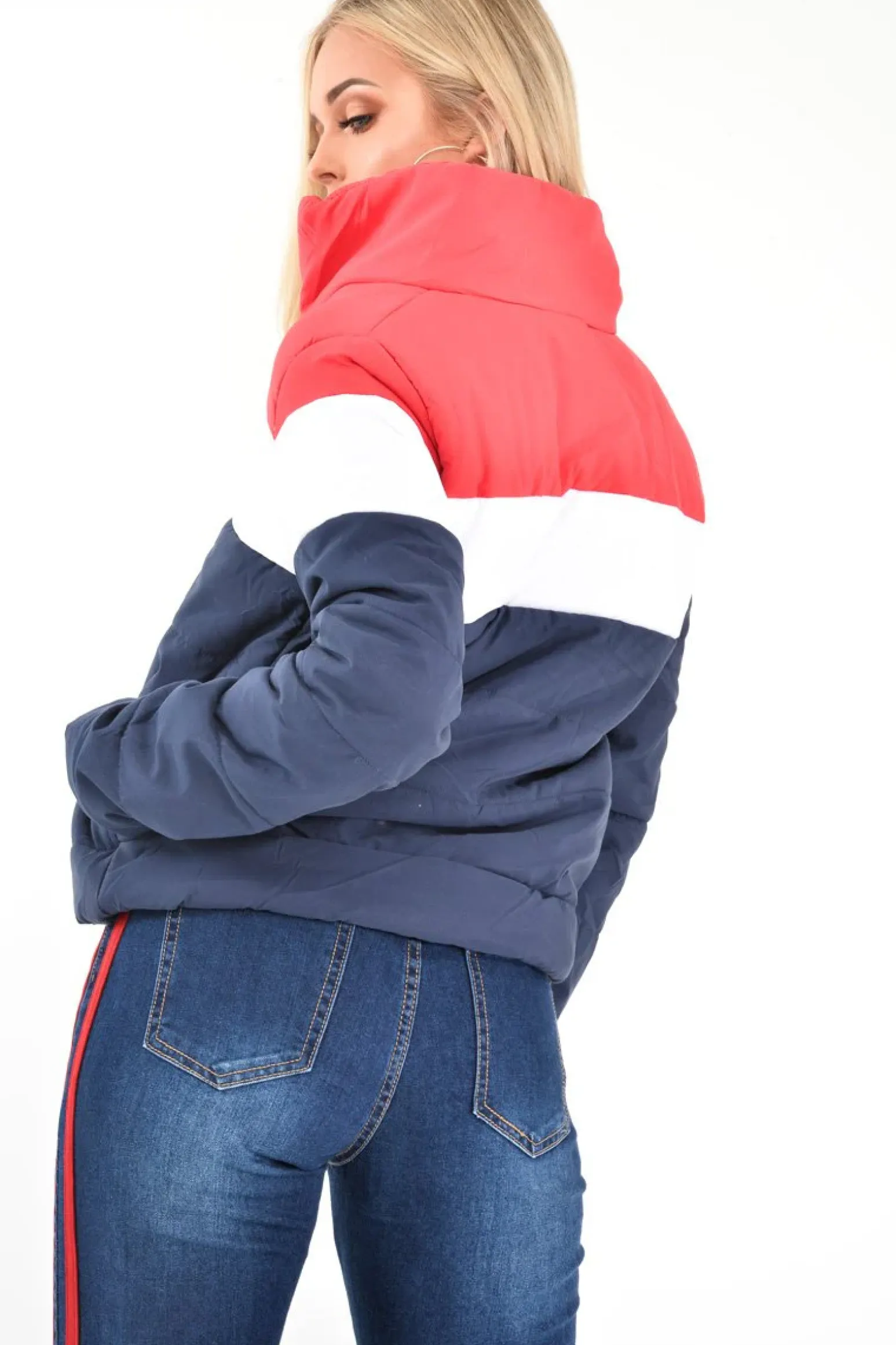 Rebellious Fashion Red White Navy Colour Block Puffer Jacket - Kenzlee