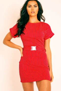 Rebellious Fashion Red White Stripe Belted T-shirt Dress - Madisen