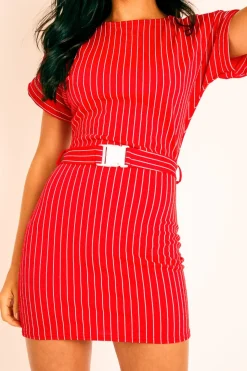 Rebellious Fashion Red White Stripe Belted T-shirt Dress - Madisen