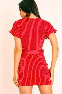 Rebellious Fashion Red White Stripe Belted T-shirt Dress - Madisen